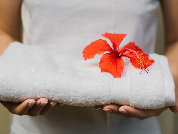 Front view towel held in hands 