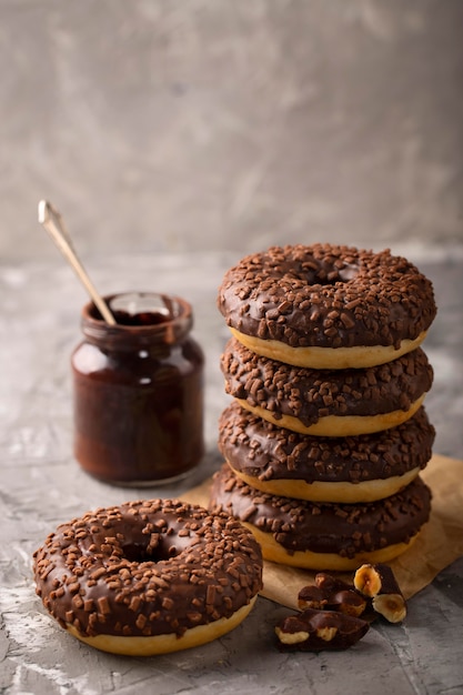 Front view tower arrangement with chocolate doughnuts