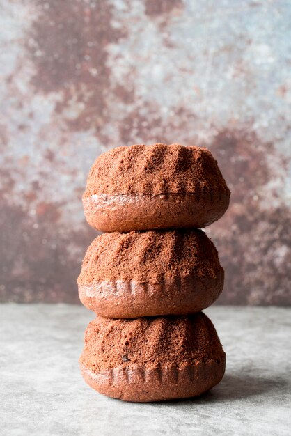 Front view tower of chocolate cakes