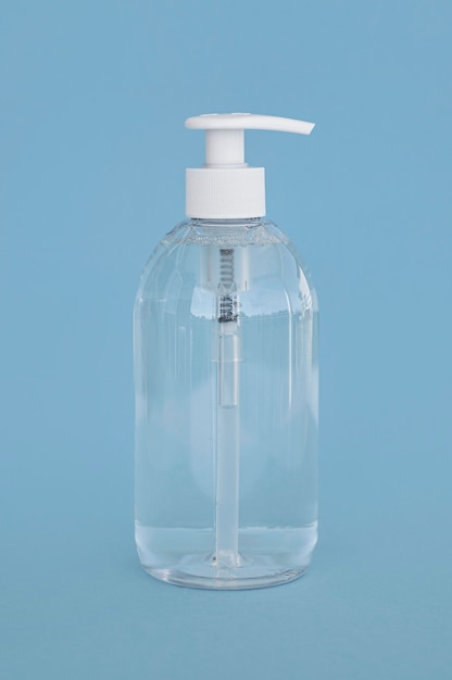 Front view transparent bottle of liquid soap