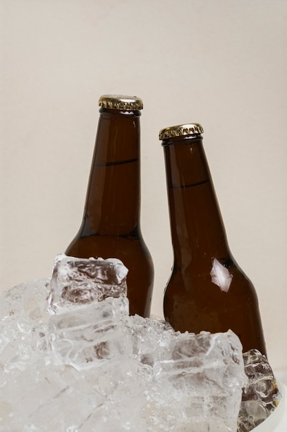 Front view two bottles of beer in cold ice cubes
