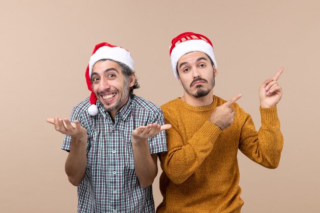 Front view two men one with opened hands and the other showing something on isolated background