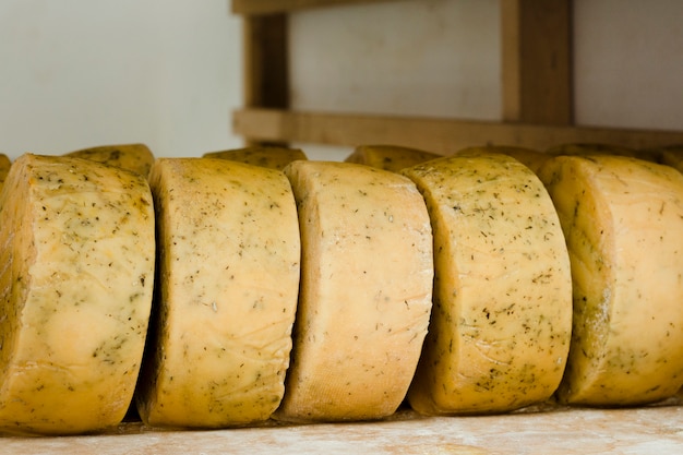 Foto gratuita tipo di vista frontale di rotoli di formaggio al chiuso