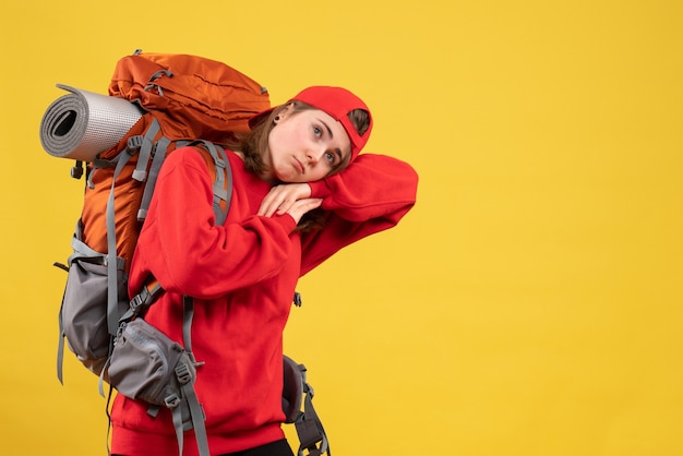 Free photo front view upset female traveler with backpack