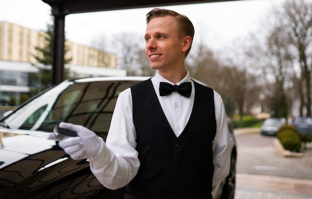 Front view valet in suit working