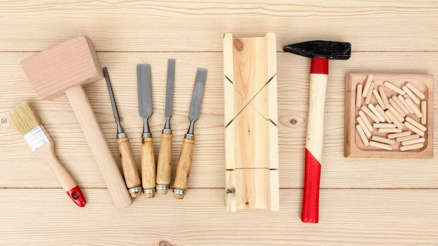 Front view various carpenter tools