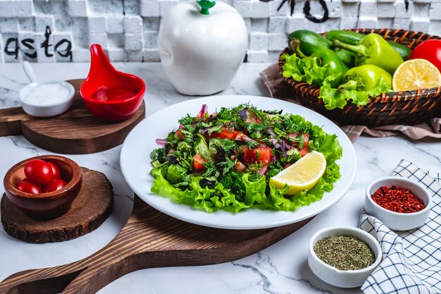 Front view vegetable salad with greens on lettuce in a plate with a slice of lemon and cherry tomatoes