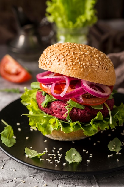 Front view veggie burger on plate