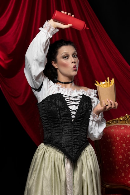 Front view victorian style woman holding fries