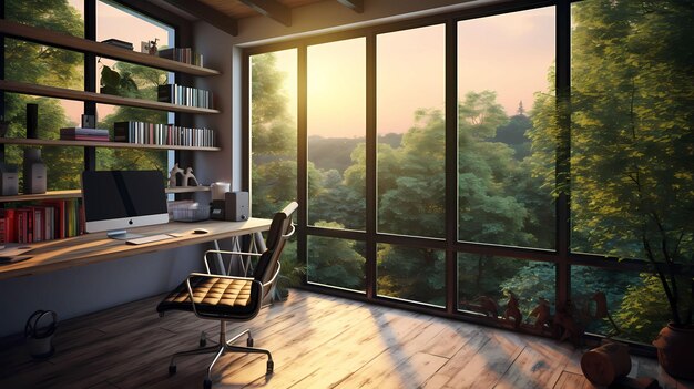 front view of virtual realistic home office with window design