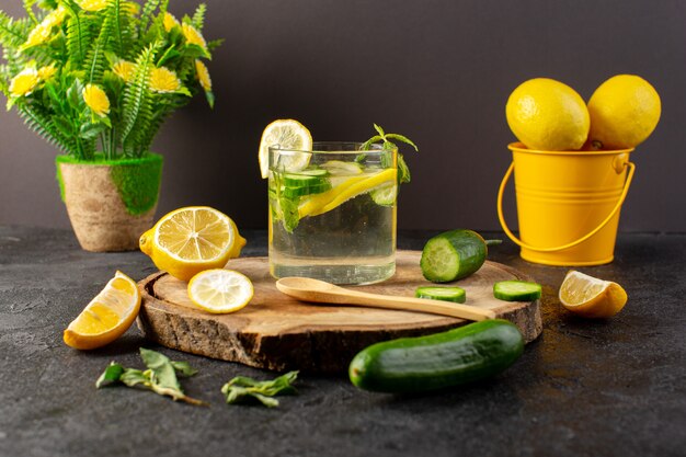 A front view water with lemon fresh cool drink inside glass with green leaves with ice cubes with sliced lemons cucumber on the dark