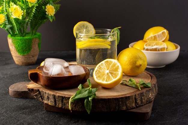 녹색 유리에 레몬 신선한 시원한 음료와 함께 전면보기 물 어둠에 얇게 썬 레몬 아이스 큐브와 잎