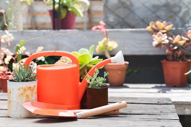 Front view watering can on wooden tabl