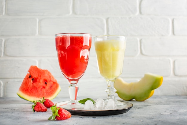 Front view watermelon juice on tray