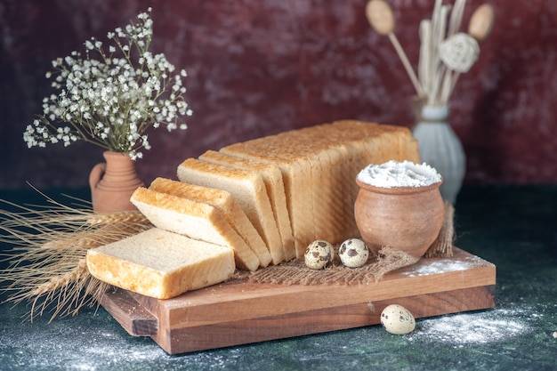 Front view white bread on dark background tea breakfast color pastry bakery morning bun dough food cake fresh