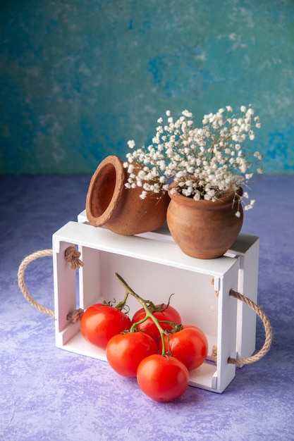 Front view white wooden box on light blue surface ripe salad food wood color bargain