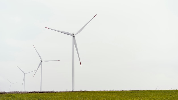 Front view of wind turbines with copy space