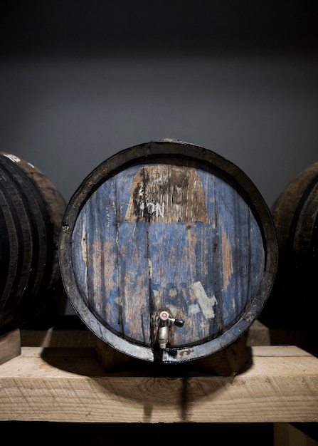 Front view wine cellar with old wine barrels