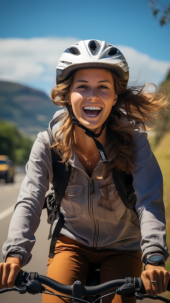 Free photo front view woman on bicycle outdoors