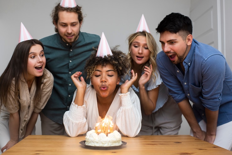 Free Photo front view woman blowing candles