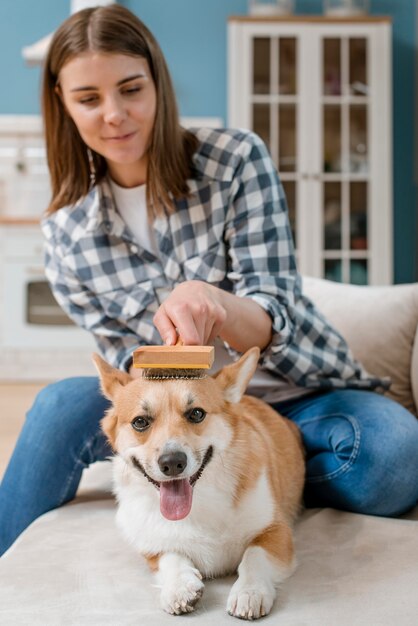 Front view of woman brushing her dog