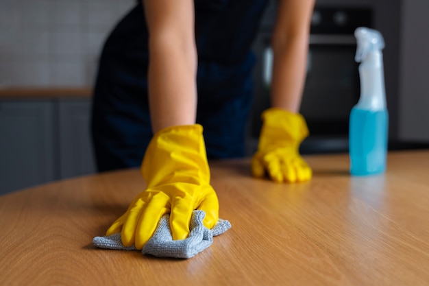 Free photo front view woman cleaning home