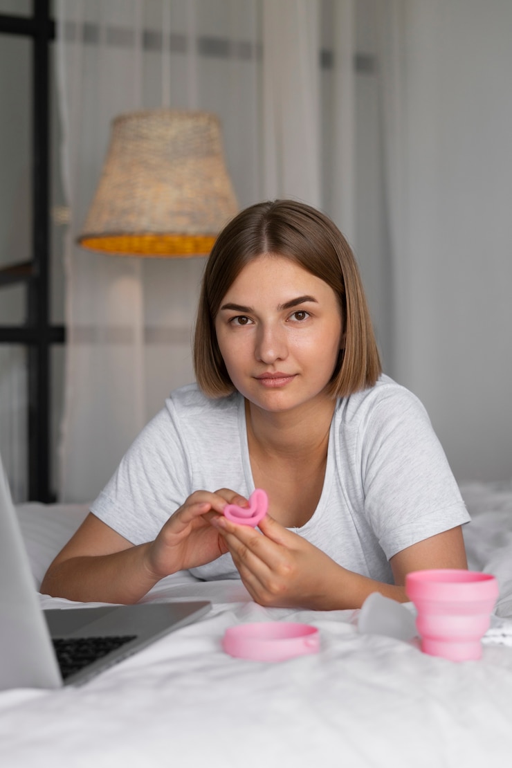 Free Photo front view woman folding menstrual cup