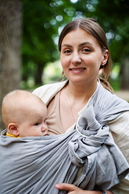屋外で赤ちゃんを抱いている正面図の女性