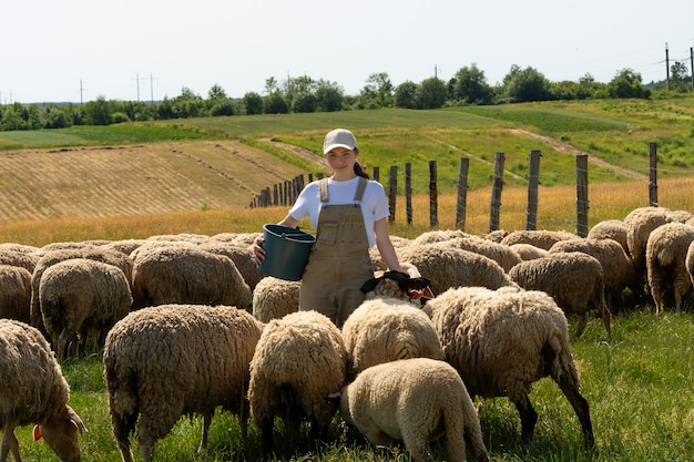 Foto gratuita secchio della holding della donna di vista frontale all'aperto