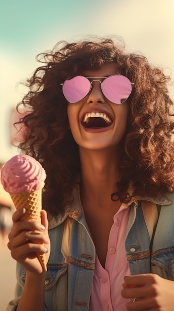 Free photo front view woman holding delicious ice cream