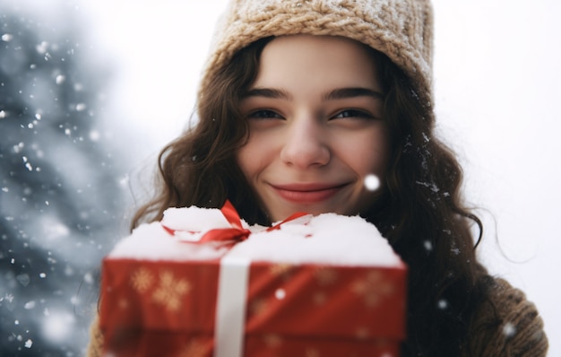 Free photo front view woman holding gift