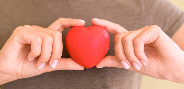 Free photo front view of woman holding heart shape in hands