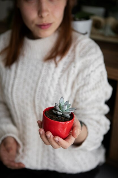 小さな植物を保持している正面図の女性