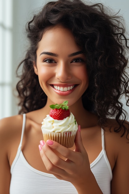 Front view woman holding tasty cupcake