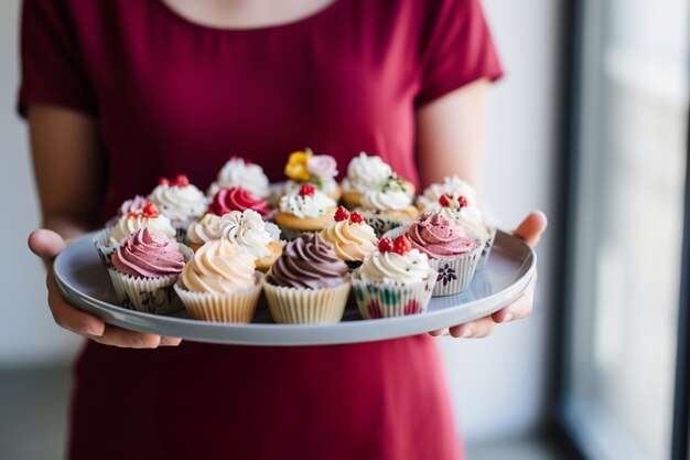 Front view woman holding tray with cupcakes