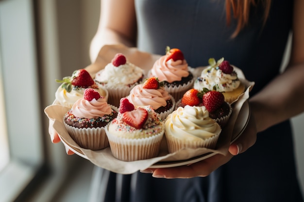 Front view woman holding tray with cupcakes