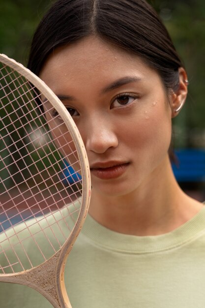 Front view woman playing badminton