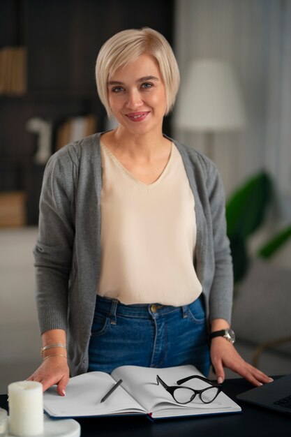 Front view woman posing indoors