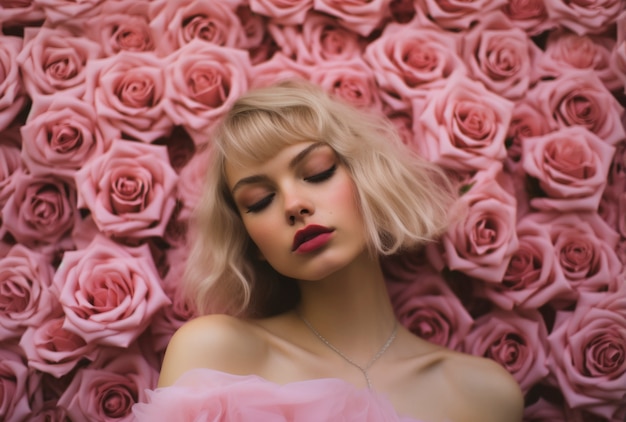 Free photo front view woman posing with beautiful roses