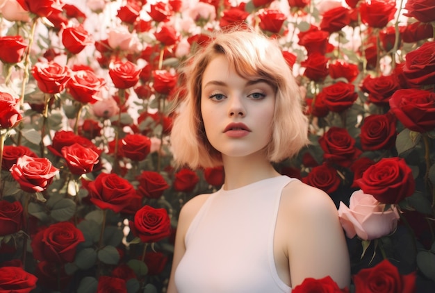 Free photo front view woman posing with beautiful roses