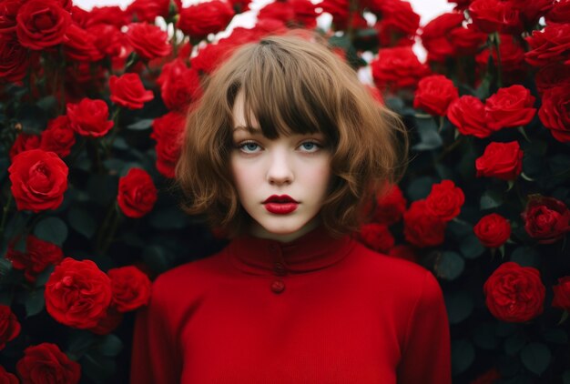 Front view woman posing with beautiful roses