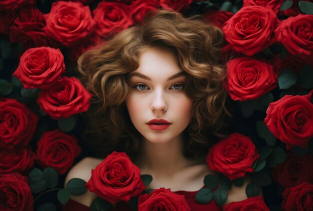 Front view woman posing with beautiful roses