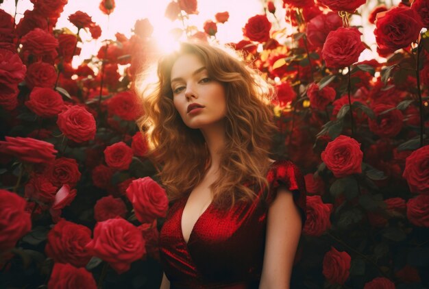 Front view woman posing with beautiful roses