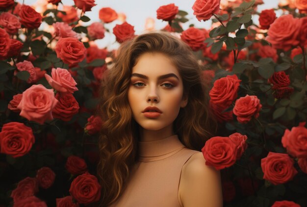 Женщина вид спереди позирует с красивыми розами