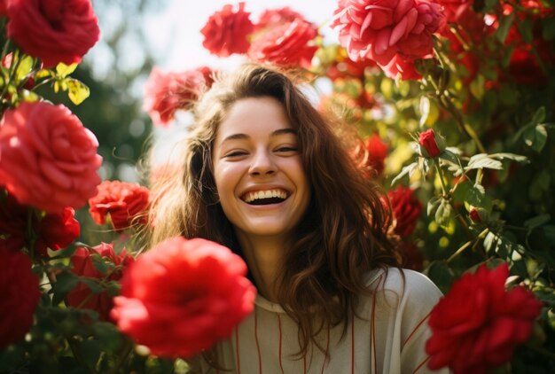 아름다운 장미와 함께 포즈를 취하는 전면보기 여자