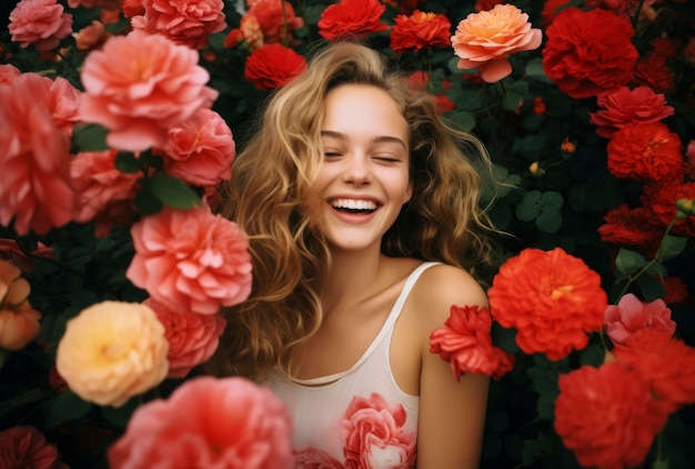 Free photo front view woman posing with beautiful roses