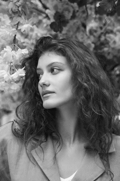 Front view woman posing with flowers black and white