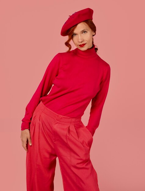 Front view woman posing with red outfit