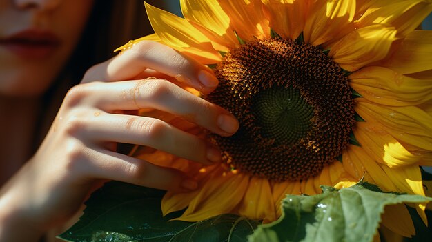 Front view woman posing with sunflower