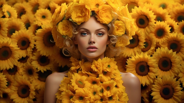 Free photo front view woman posing with sunflower